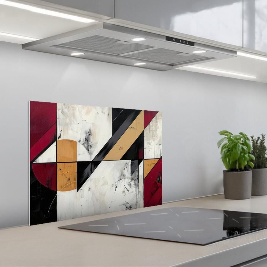 KitchenYeah Spatscherm 60x45 cm Zelfklevende achterwand Modern Abstract Geometrisch Rood Industrieel Keuken muurbeschermer Spatwand fornuis
