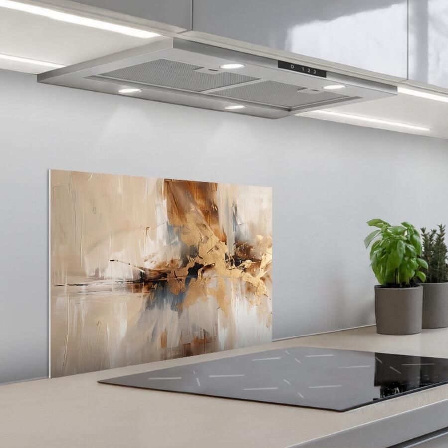 KitchenYeah Spatscherm 60x45 cm Zelfklevende achterwand Modern Bruin Abstract Beige Keuken muurbeschermer Spatwand fornuis