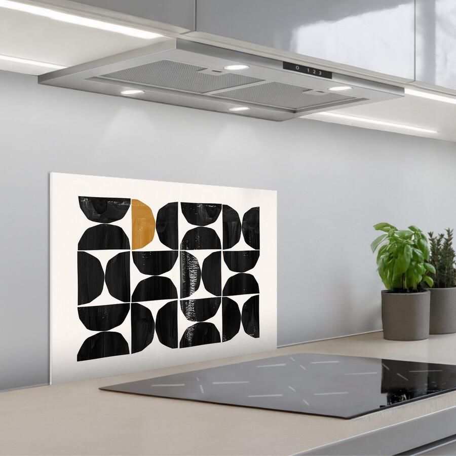 KitchenYeah Spatscherm 60x45 cm Zelfklevende achterwand Modern Halve cirkel Goud Zwart Keuken muurbeschermer Spatwand fornuis