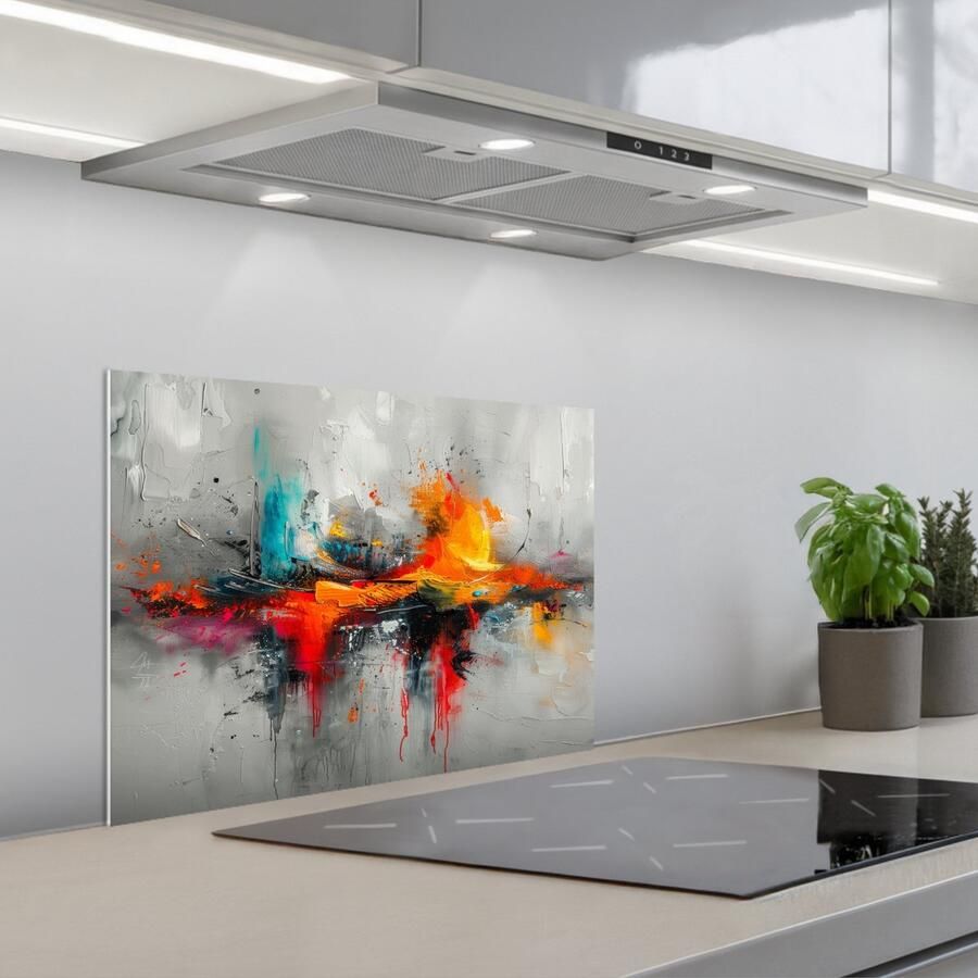 KitchenYeah Spatscherm 60x45 cm Zelfklevende achterwand Modern Oranje Grijs Kunst Keuken muurbeschermer Spatwand fornuis