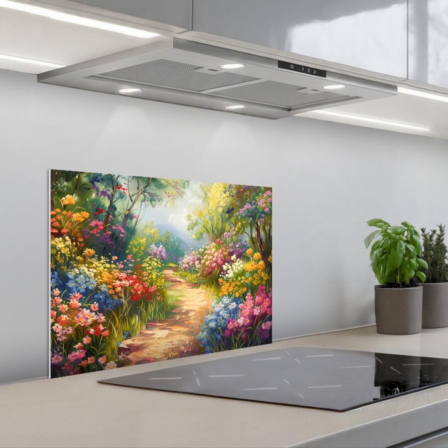 KitchenYeah Spatscherm 60x45 cm Zelfklevende achterwand Natuur Landschap Bloemen Kleurrijk Keuken muurbeschermer Spatwand fornuis
