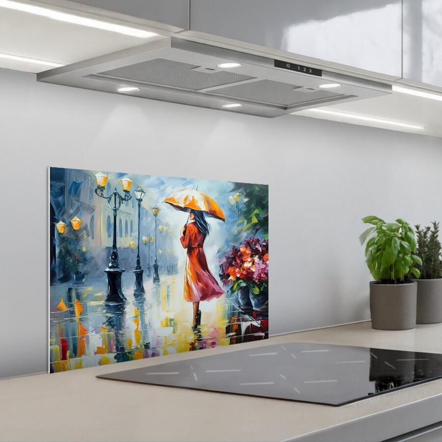 KitchenYeah Spatscherm 60x45 cm Zelfklevende achterwand Olieverf Paraplu Vrouw Straat Kunst Keuken muurbeschermer Spatwand fornuis