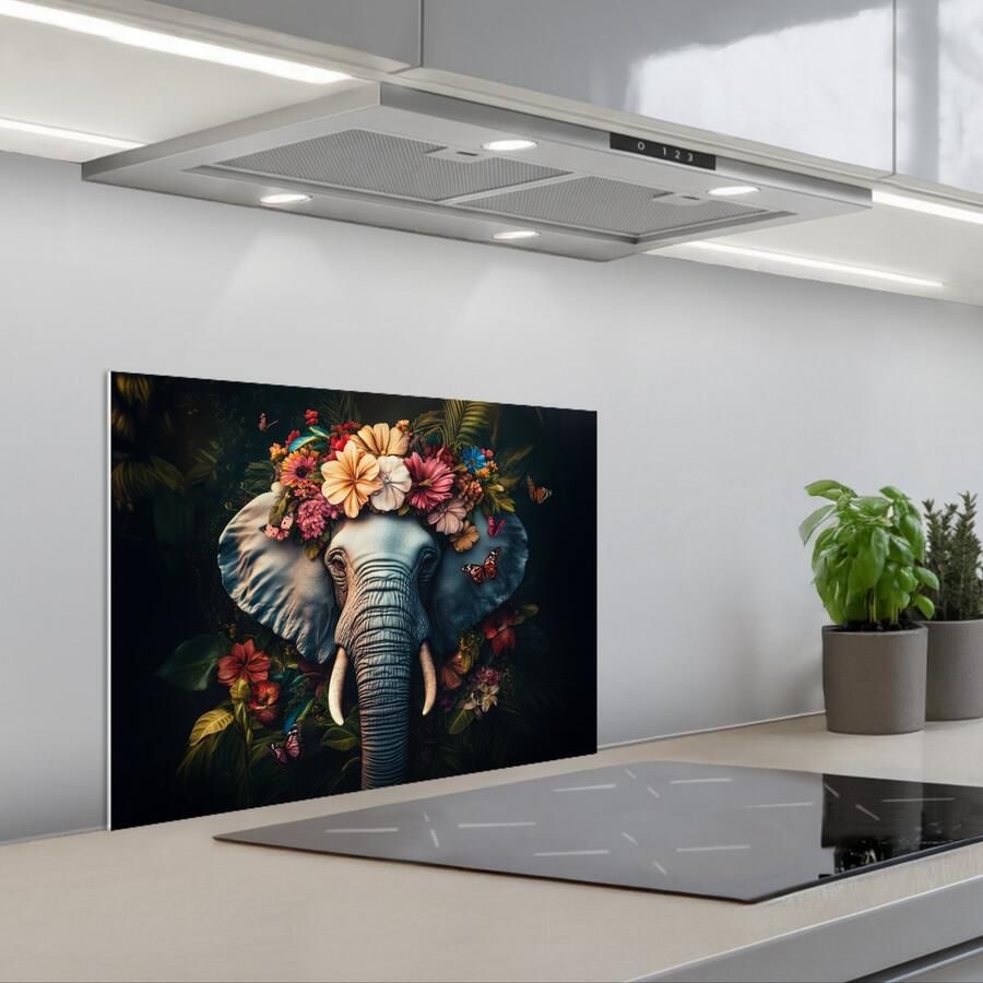 KitchenYeah Spatscherm 60x45 cm Zelfklevende achterwand Olifant Dieren Bloemen Natuur Keuken muurbeschermer Spatwand fornuis