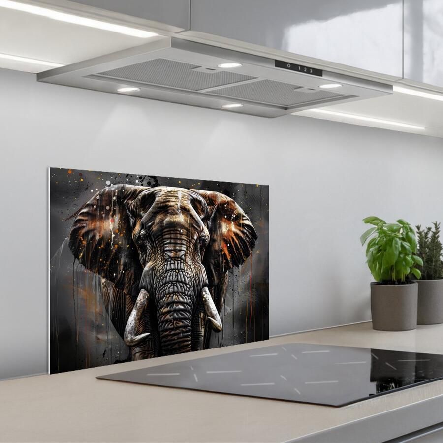 KitchenYeah Spatscherm 60x45 cm Zelfklevende achterwand Olifant Watercolor Wilde dieren Luxe Keuken muurbeschermer Spatwand fornuis