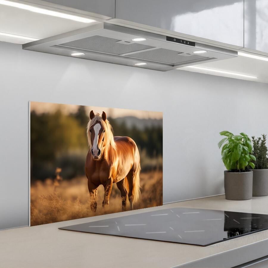 KitchenYeah Spatscherm 60x45 cm Zelfklevende achterwand Paard Bruin Natuur Weiland Dier Keuken muurbeschermer Spatwand fornuis