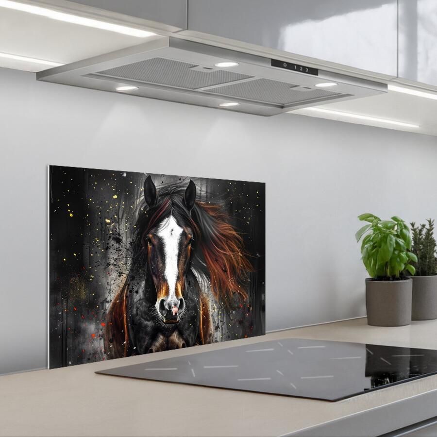 KitchenYeah Spatscherm 60x45 cm Zelfklevende achterwand Paard Dieren Zwart Luxe Modern Keuken muurbeschermer Spatwand fornuis