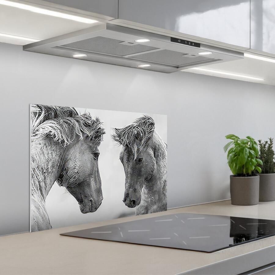KitchenYeah Spatscherm 60x45 cm Zelfklevende achterwand Paard Zwart-Wit Dieren Keuken muurbeschermer Spatwand fornuis