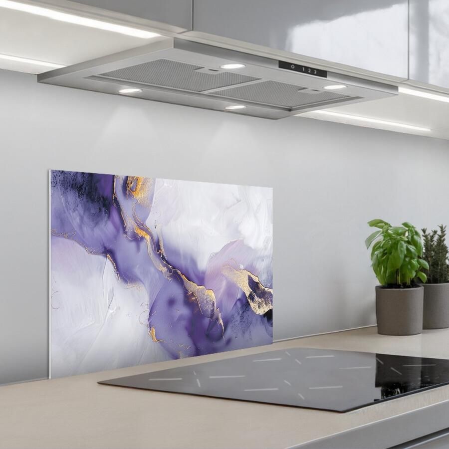 KitchenYeah Spatscherm 60x45 cm Zelfklevende achterwand Paars Modern Marmer print Abstract Keuken muurbeschermer Spatwand fornuis