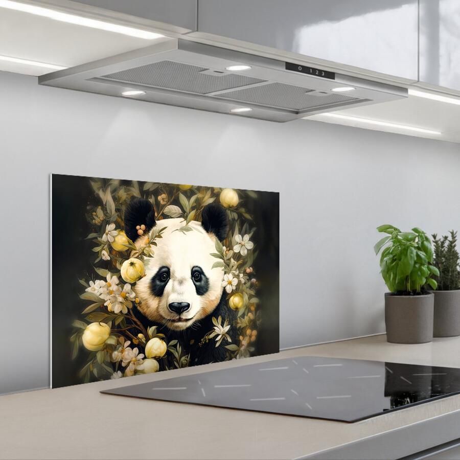 KitchenYeah Spatscherm 60x45 cm Zelfklevende achterwand Panda Pandabeer Wilde dieren Natuur Bloemen Keuken muurbeschermer Spatwand fornuis