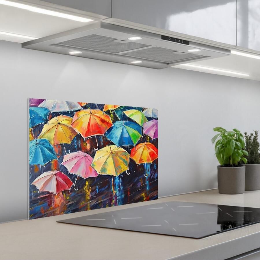 KitchenYeah Spatscherm 60x45 cm Zelfklevende achterwand Paraplu's Schilderij Kunst Regenboog Keuken muurbeschermer Spatwand fornuis