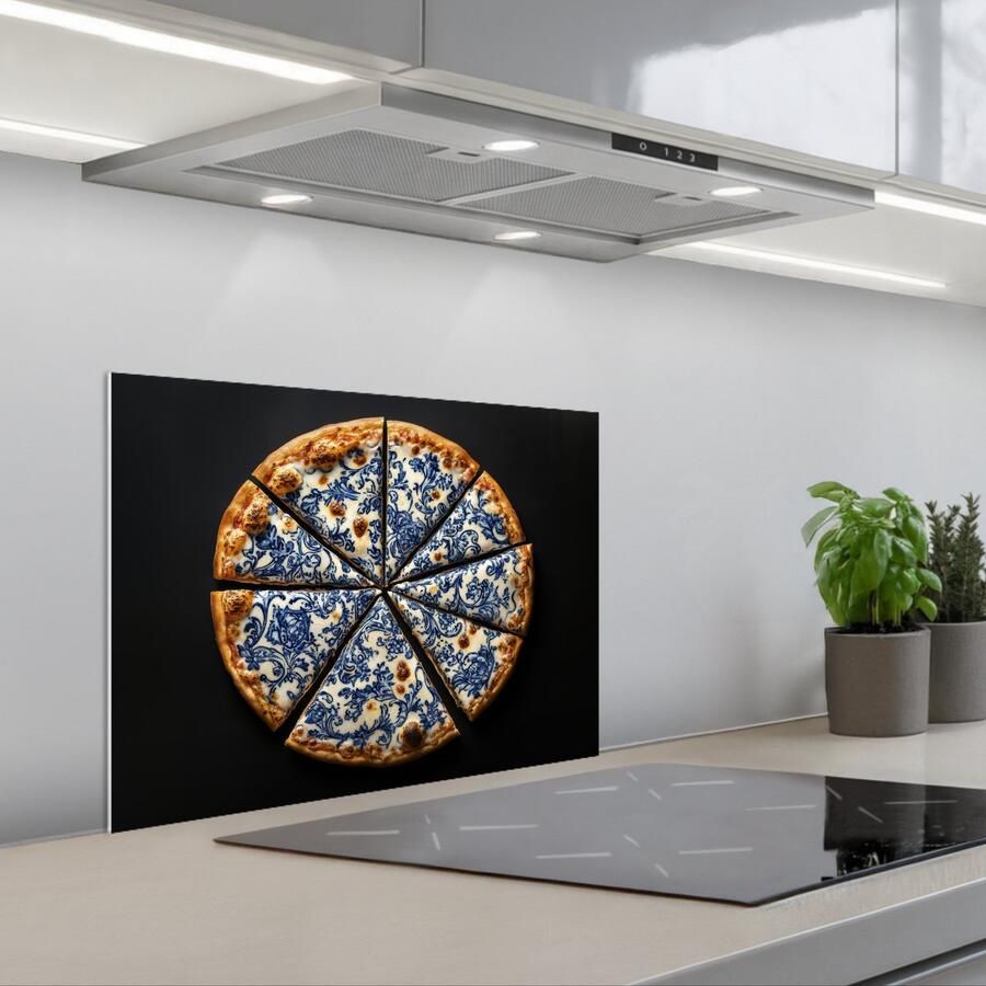 KitchenYeah Spatscherm 60x45 cm Zelfklevende achterwand Pizza Eten Delftsblauw Keuken muurbeschermer Spatwand fornuis