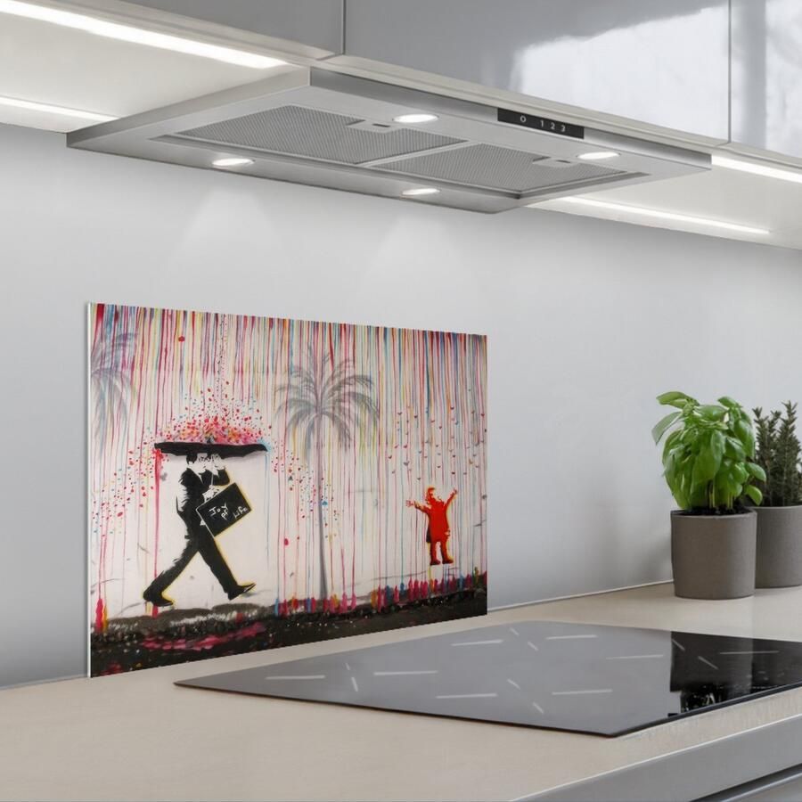 KitchenYeah Spatscherm 60x45 cm Zelfklevende achterwand Regen Graffiti Man Banksy Style Keuken muurbeschermer Spatwand fornuis