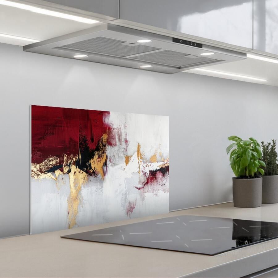 KitchenYeah Spatscherm 60x45 cm Zelfklevende achterwand Rood Marmer print Abstract Goud Modern Keuken muurbeschermer Spatwand fornuis