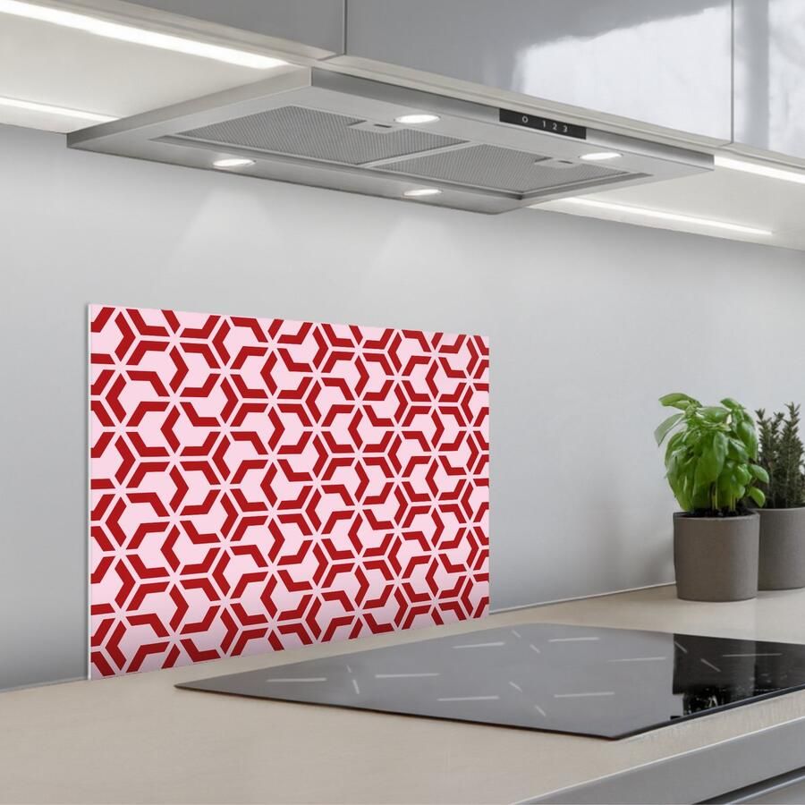 KitchenYeah Spatscherm 60x45 cm Zelfklevende achterwand Roze Rood Geometrisch Patroon Keuken muurbeschermer Spatwand fornuis