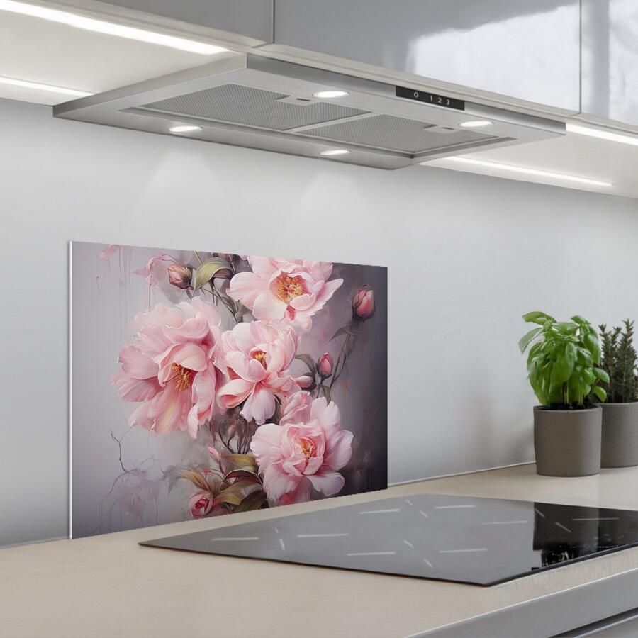 KitchenYeah Spatscherm 60x45 cm Zelfklevende achterwand Rozen Bloemen Roze Kunst Watercolor Keuken muurbeschermer Spatwand fornuis