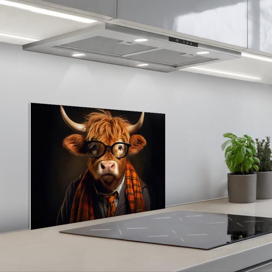 KitchenYeah Spatscherm 60x45 cm Zelfklevende achterwand Schotse hooglander Bril Sjaal Dier Keuken muurbeschermer Spatwand fornuis