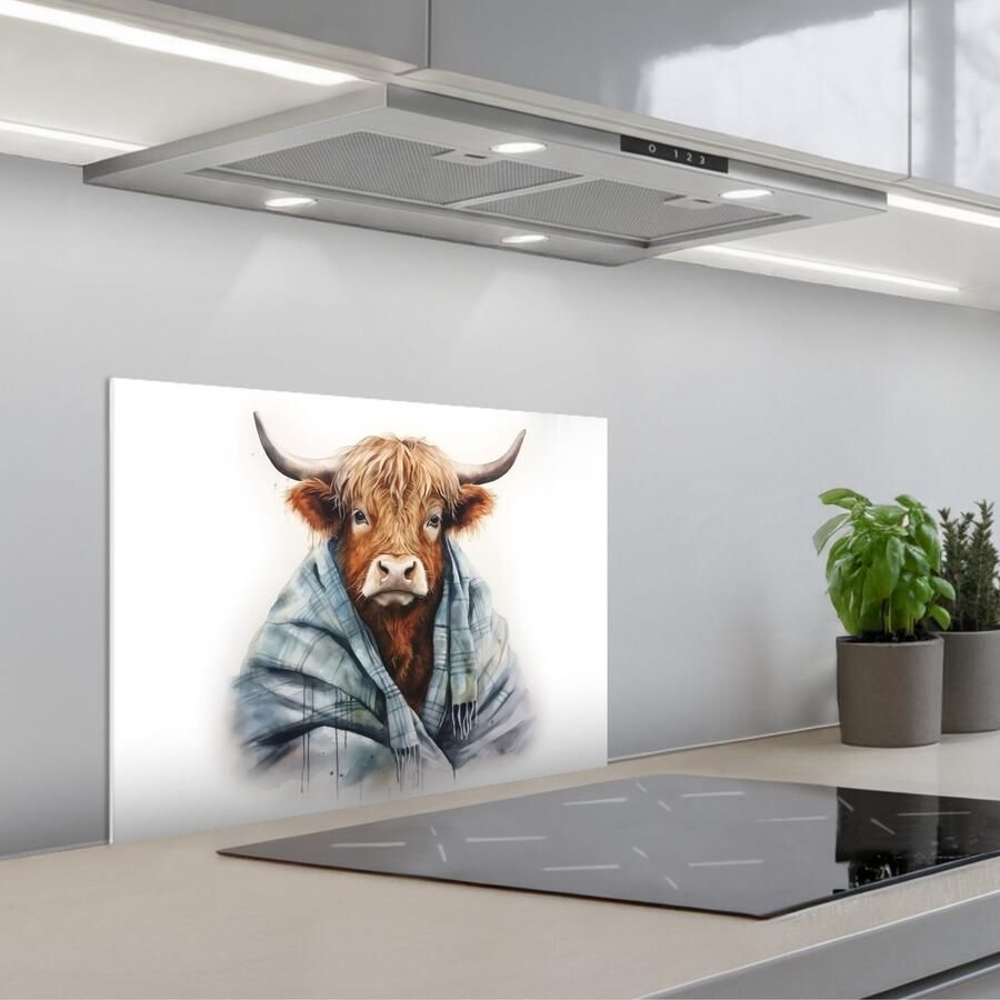 KitchenYeah Spatscherm 60x45 cm Zelfklevende achterwand Schotse hooglander Deken Wit Keuken muurbeschermer Spatwand fornuis