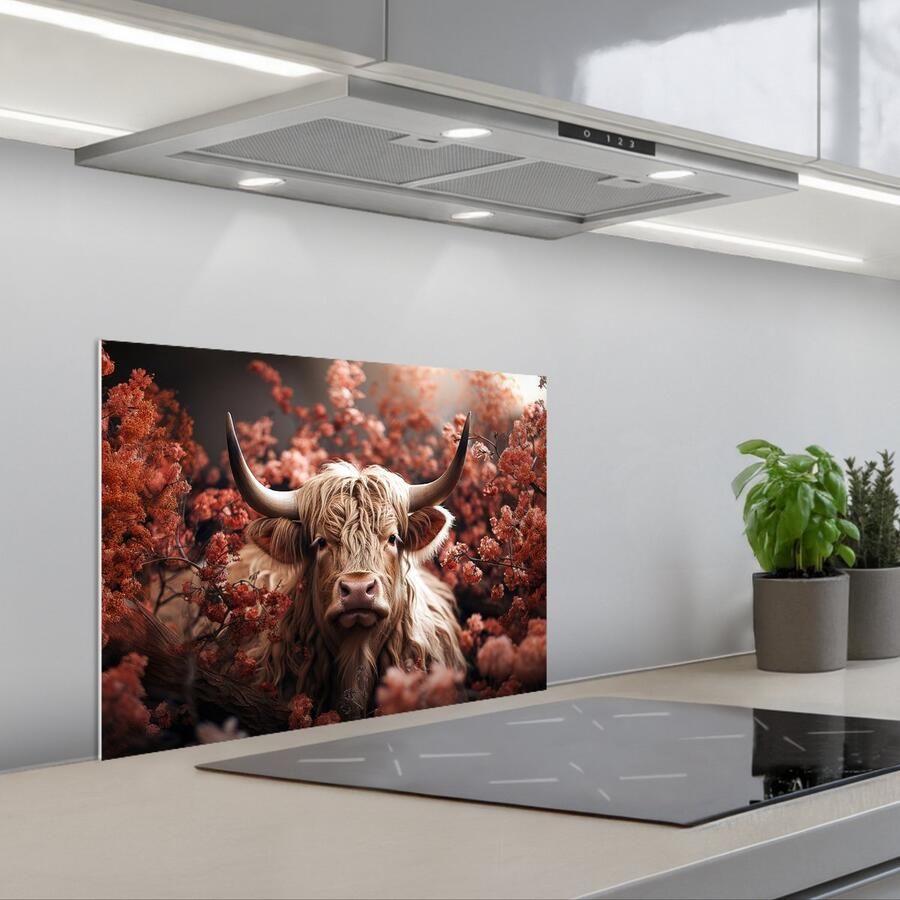 KitchenYeah Spatscherm 60x45 cm Zelfklevende achterwand Schotse hooglander Dier Natuur Bloemen Botanisch Keuken muurbeschermer Spatwand fornuis