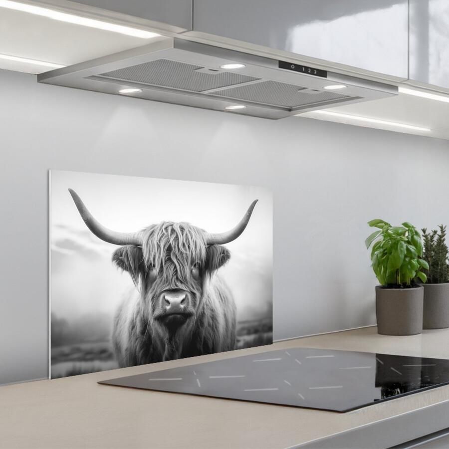 KitchenYeah Spatscherm 60x45 cm Zelfklevende achterwand Schotse hooglander Dieren portret Zwart Wit Dier Keuken muurbeschermer Spatwand fornuis