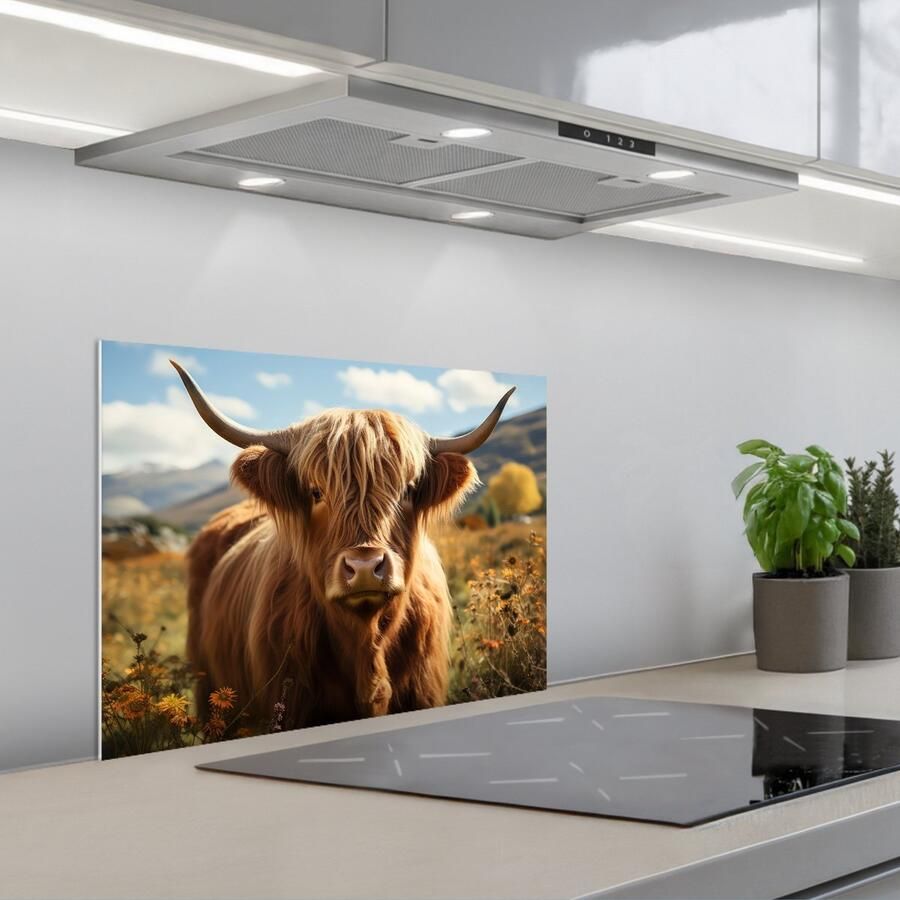 KitchenYeah Spatscherm 60x45 cm Zelfklevende achterwand Schotse hooglander Dieren portret Natuur Dier Keuken muurbeschermer Spatwand fornuis