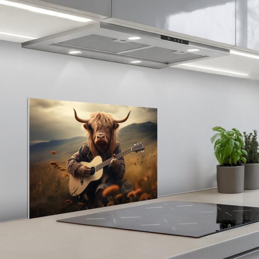 KitchenYeah Spatscherm 60x45 cm Zelfklevende achterwand Schotse hooglander Gitaar Bloemen Bergen Keuken muurbeschermer Spatwand fornuis