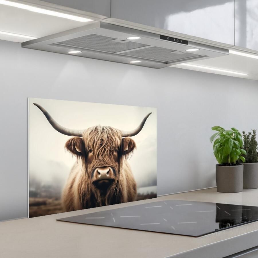 KitchenYeah Spatscherm 60x45 cm Zelfklevende achterwand Schotse hooglander Hoorns Landschap Keuken muurbeschermer Spatwand fornuis