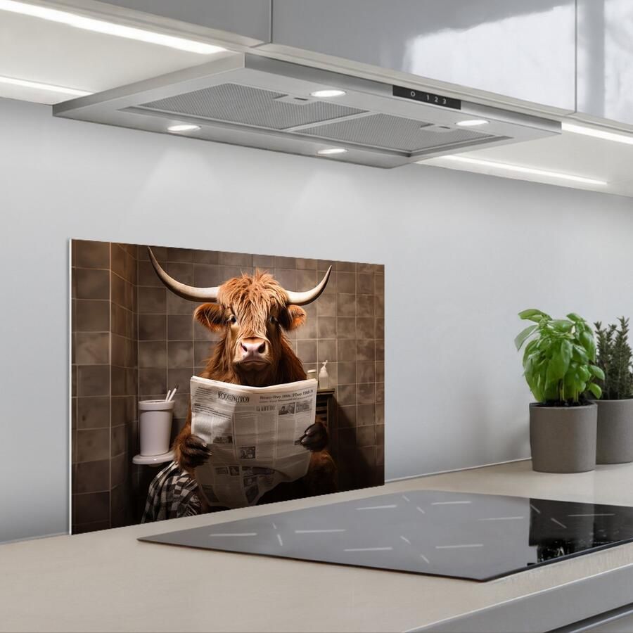 KitchenYeah Spatscherm 60x45 cm Zelfklevende achterwand Schotse hooglander Krant Toilet Keuken muurbeschermer Spatwand fornuis
