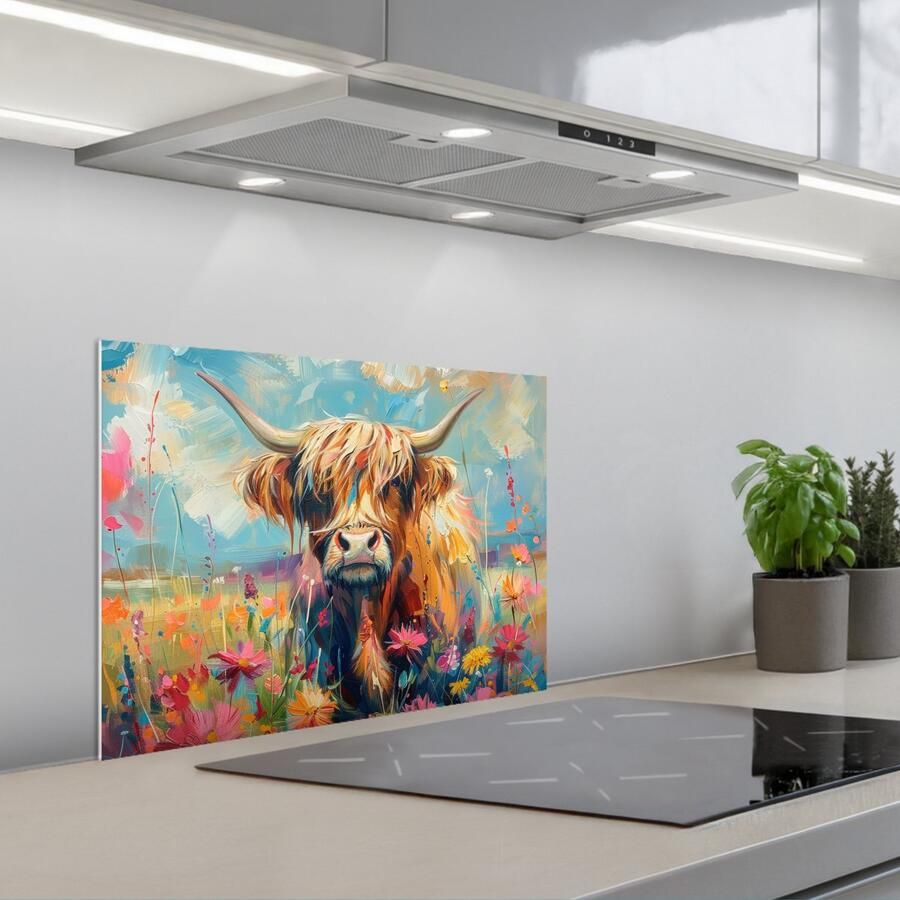 KitchenYeah Spatscherm 60x45 cm Zelfklevende achterwand Schotse hooglander Natuur Kleurrijk Bloemen Keuken muurbeschermer Spatwand fornuis