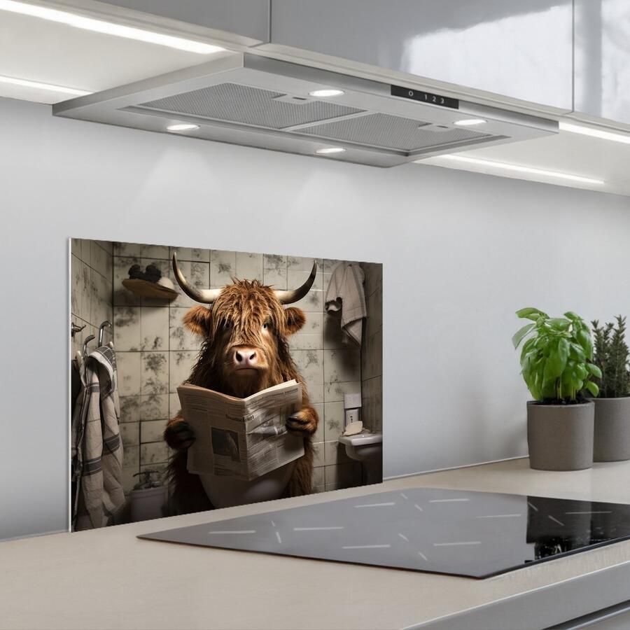 KitchenYeah Spatscherm 60x45 cm Zelfklevende achterwand Schotse hooglander Toilet Krant Badkamer Keuken muurbeschermer Spatwand fornuis