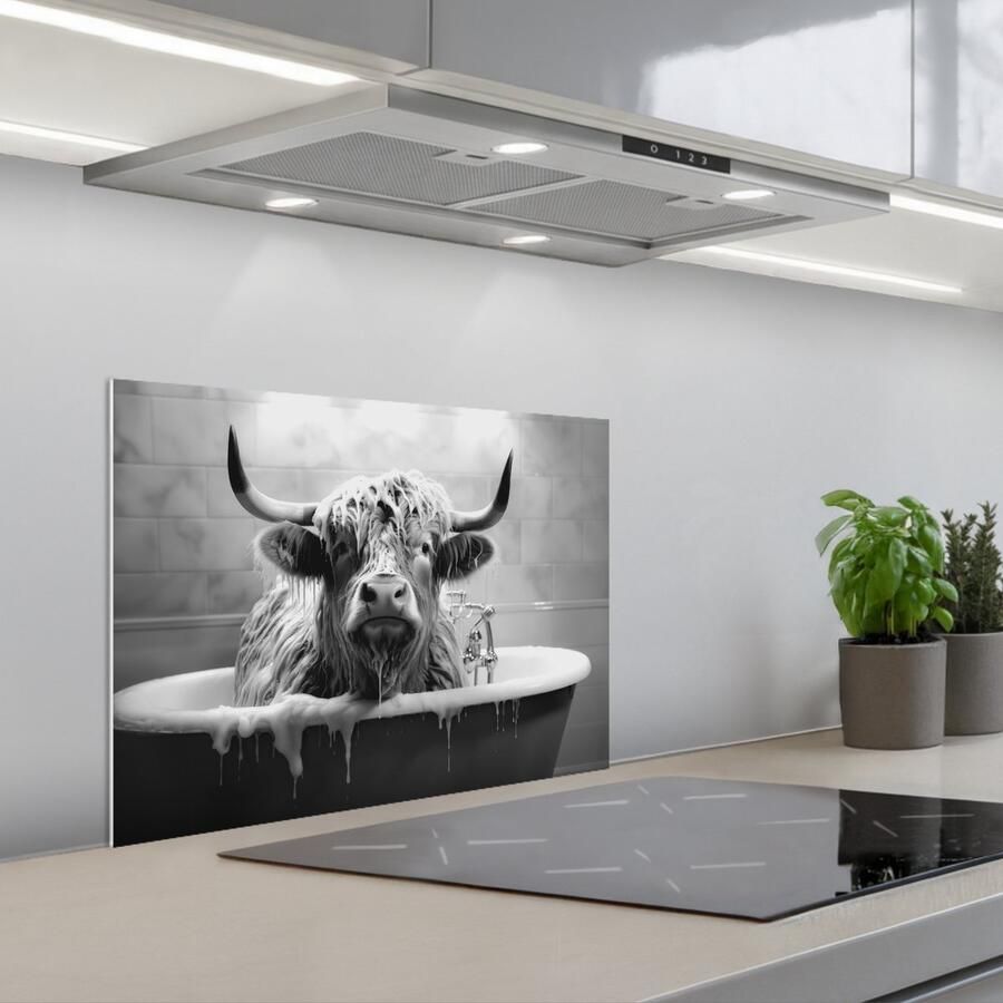 KitchenYeah Spatscherm 60x45 cm Zelfklevende achterwand Schotse hooglander Zwart wit Bad Schuim Keuken muurbeschermer Spatwand fornuis