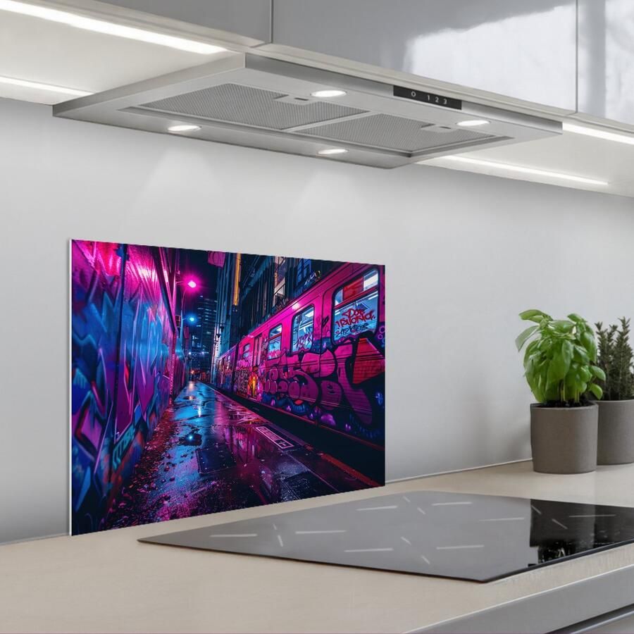 KitchenYeah Spatscherm 60x45 cm Zelfklevende achterwand Stad Neon Nacht Roze Graffiti Keuken muurbeschermer Spatwand fornuis