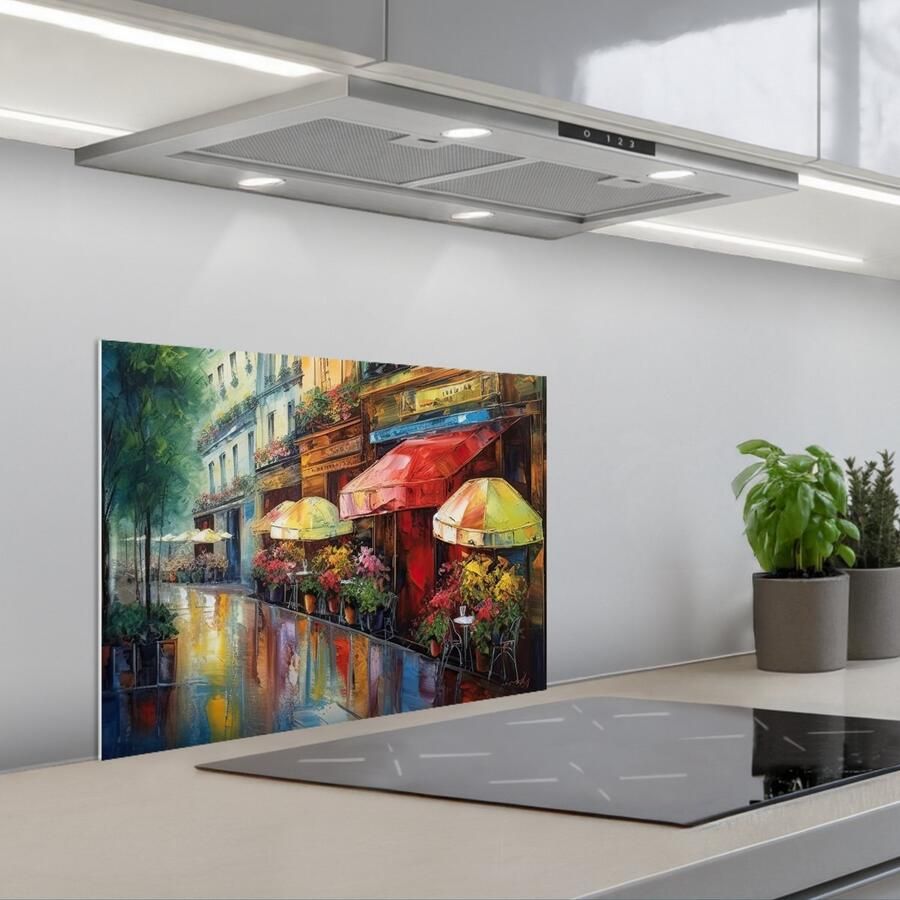 KitchenYeah Spatscherm 60x45 cm Zelfklevende achterwand Straat Olieverf Kleurrijk Stad Keuken muurbeschermer Spatwand fornuis