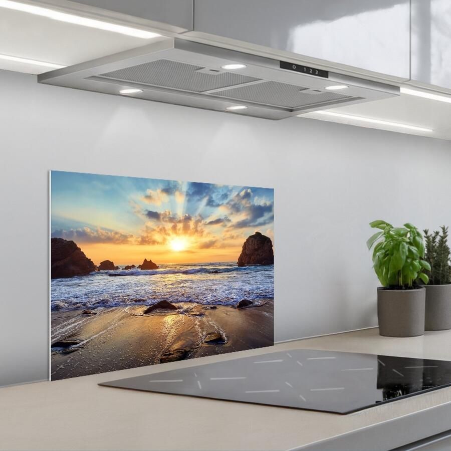 KitchenYeah Spatscherm 60x45 cm Zelfklevende achterwand Strand Zonsondergang Natuur Zee Landschap Keuken muurbeschermer Spatwand fornuis