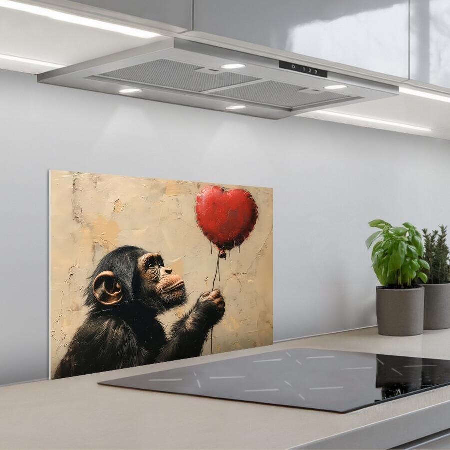 KitchenYeah Spatscherm 60x45 cm Zelfklevende achterwand Street art Chimpansee Ballon Graffiti Banksy Style Keuken muurbeschermer Spatwand fornuis