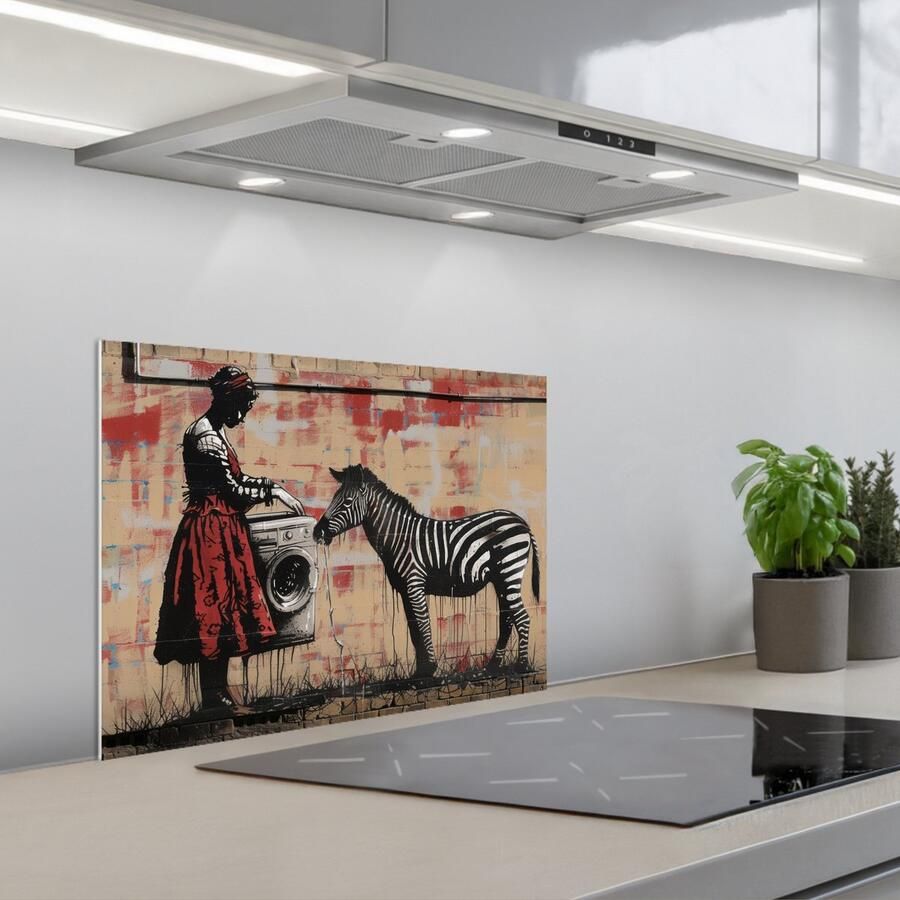 KitchenYeah Spatscherm 60x45 cm Zelfklevende achterwand Street art Zebra Vrouw Dieren Graffiti Banksy Style Keuken muurbeschermer Spatwand fornuis