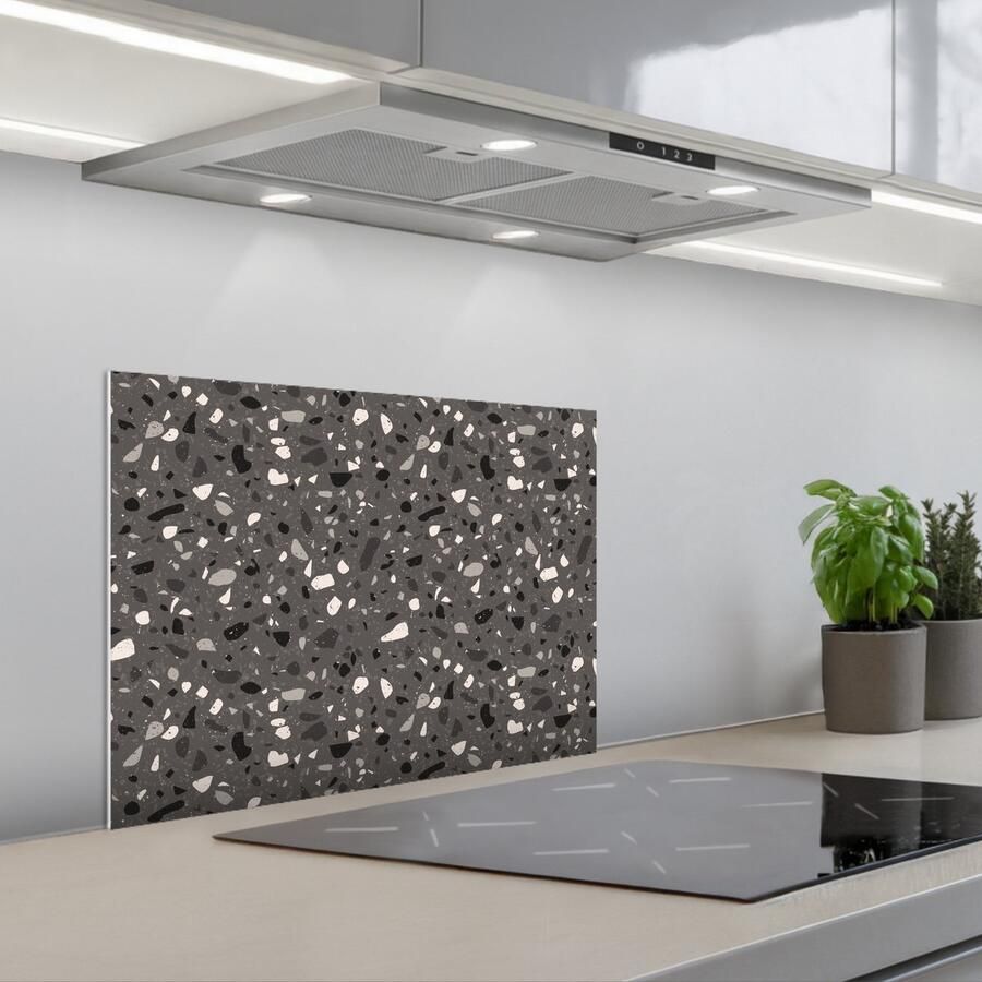 KitchenYeah Spatscherm 60x45 cm Zelfklevende achterwand Terrazzo Patroon Grijs Keuken muurbeschermer Spatwand fornuis