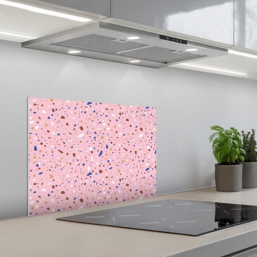 KitchenYeah Spatscherm 60x45 cm Zelfklevende achterwand Terrazzo Patroon Kleurrijk Roze Keuken muurbeschermer Spatwand fornuis