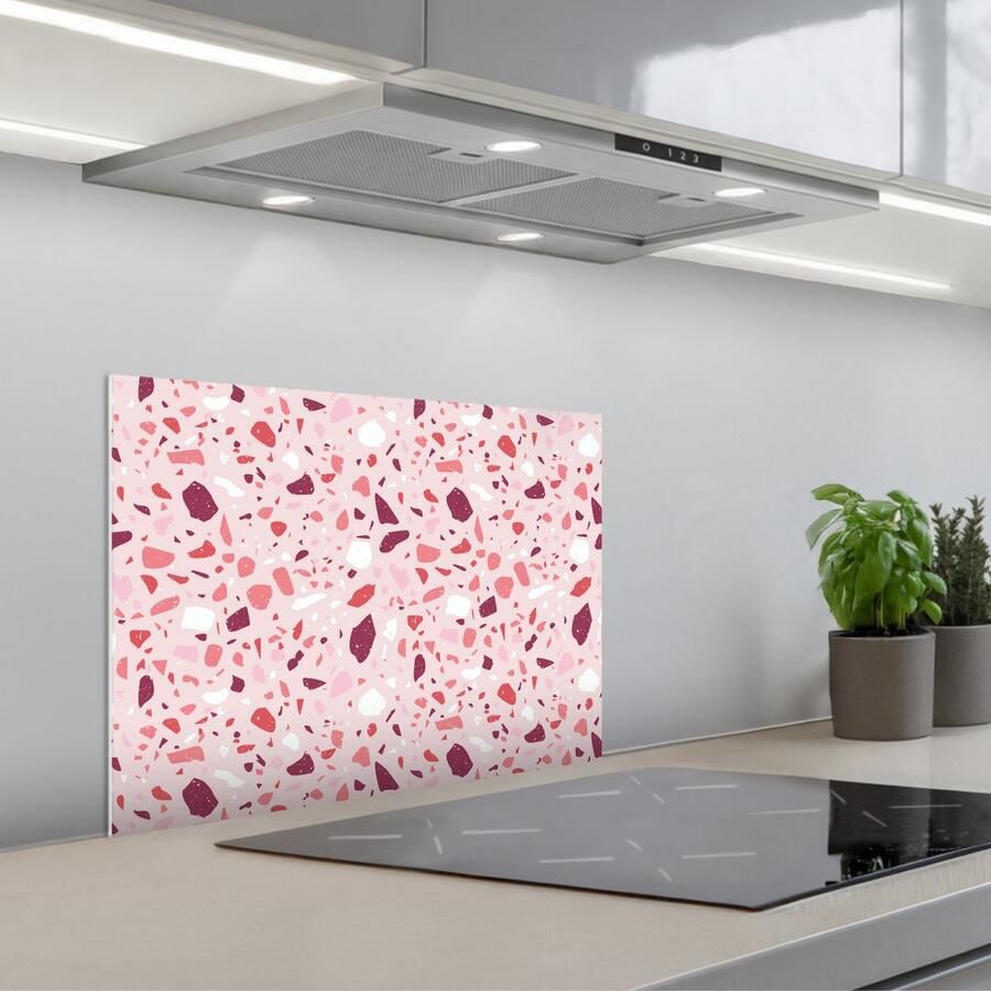 KitchenYeah Spatscherm 60x45 cm Zelfklevende achterwand Terrazzo Patroon Roze Keuken muurbeschermer Spatwand fornuis