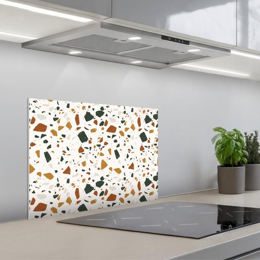 KitchenYeah Spatscherm 60x45 cm Zelfklevende achterwand Terrazzo Patroon Wit Terra Keuken muurbeschermer Spatwand fornuis