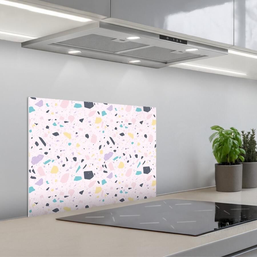 KitchenYeah Spatscherm 60x45 cm Zelfklevende achterwand Terrazzo Patroon Zacht Snoep Keuken muurbeschermer Spatwand fornuis