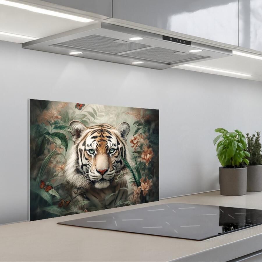 KitchenYeah Spatscherm 60x45 cm Zelfklevende achterwand Tijger Vlinders Dieren Jungle Bloemen Keuken muurbeschermer Spatwand fornuis