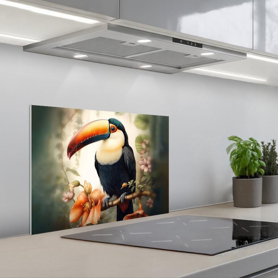 KitchenYeah Spatscherm 60x45 cm Zelfklevende achterwand Toekan Vogel Bloemen Planten Keuken muurbeschermer Spatwand fornuis