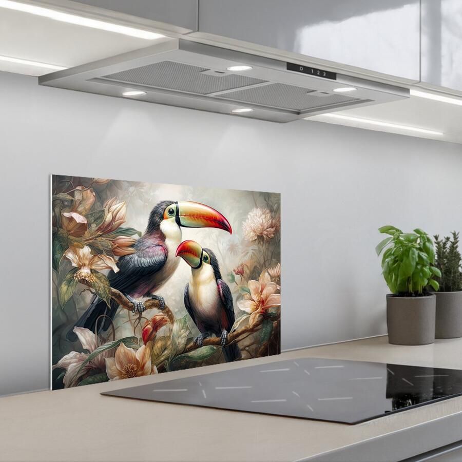 KitchenYeah Spatscherm 60x45 cm Zelfklevende achterwand Toekan Vogels Bloemen Jungle Keuken muurbeschermer Spatwand fornuis