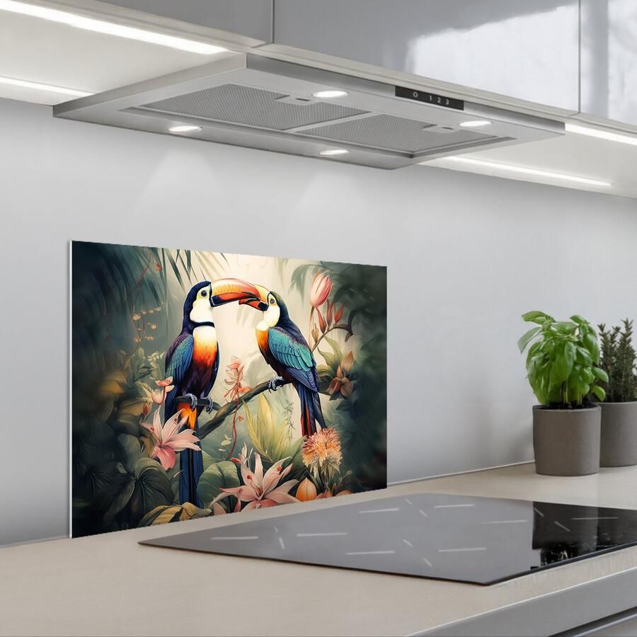 KitchenYeah Spatscherm 60x45 cm Zelfklevende achterwand Toekan Vogels Bloemen Natuur Jungle Keuken muurbeschermer Spatwand fornuis