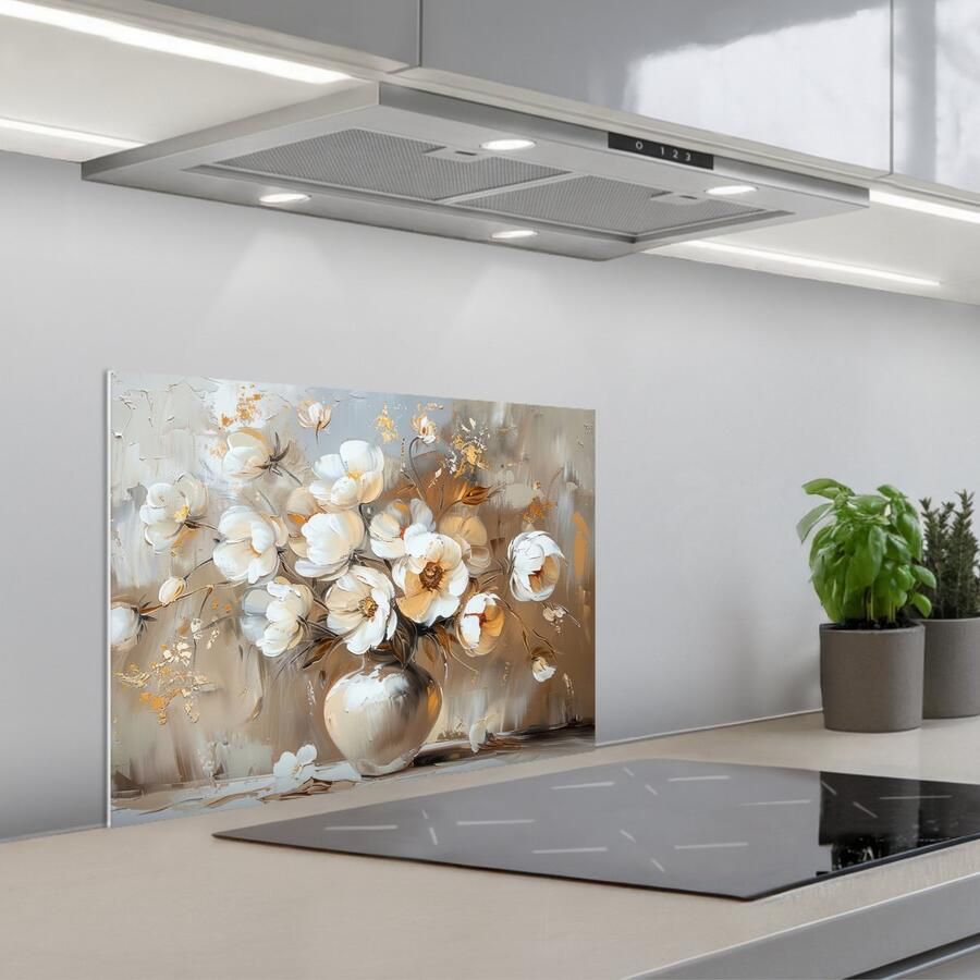 KitchenYeah Spatscherm 60x45 cm Zelfklevende achterwand Vaas Bloemen Kunst Goud Keuken muurbeschermer Spatwand fornuis