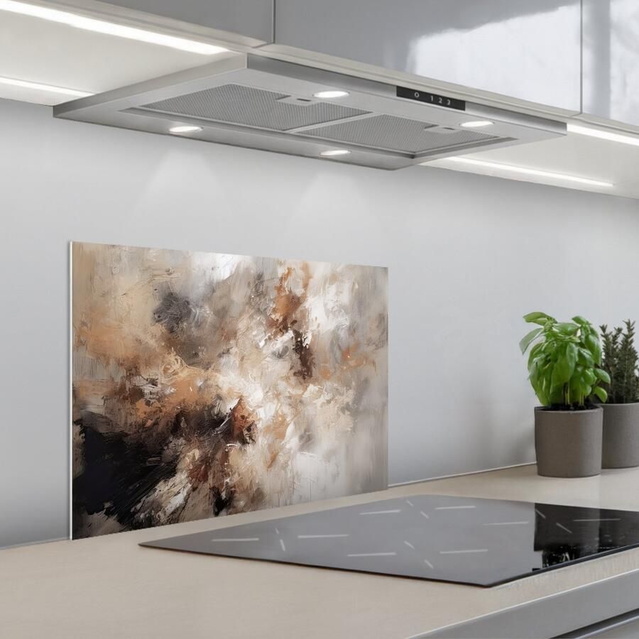 KitchenYeah Spatscherm 60x45 cm Zelfklevende achterwand Verf Abstract Beige Kunst Keuken muurbeschermer Spatwand fornuis