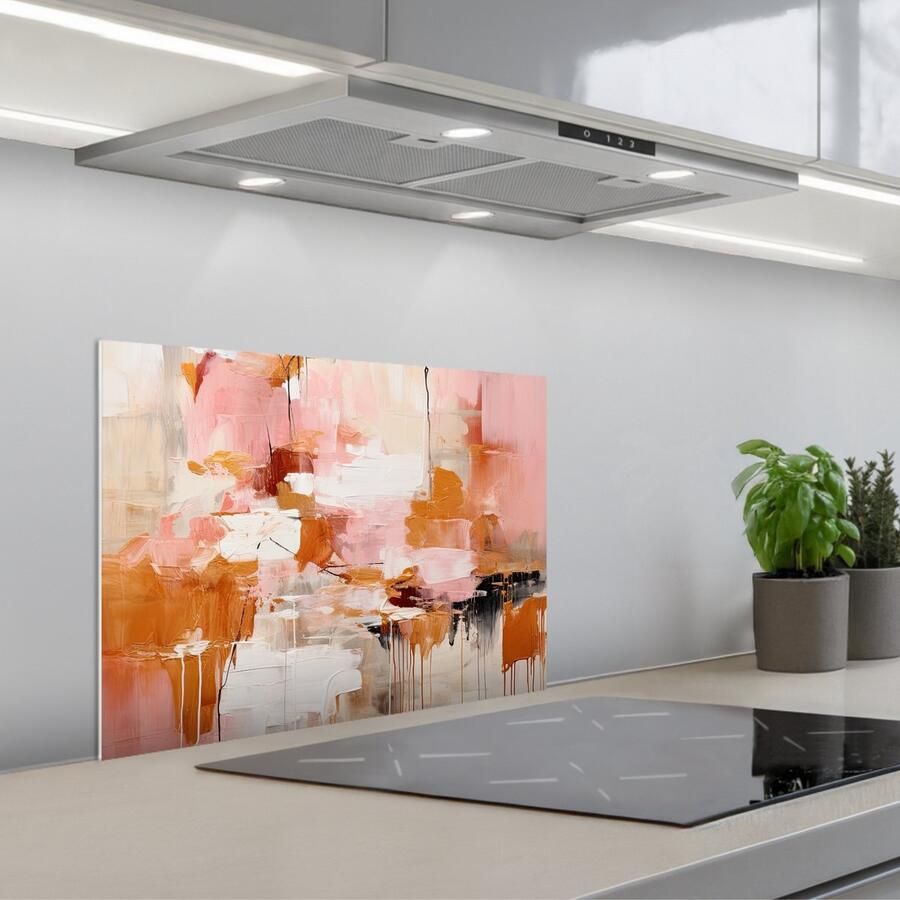 KitchenYeah Spatscherm 60x45 cm Zelfklevende achterwand Verf Roze Oranje Abstract Kunst Keuken muurbeschermer Spatwand fornuis