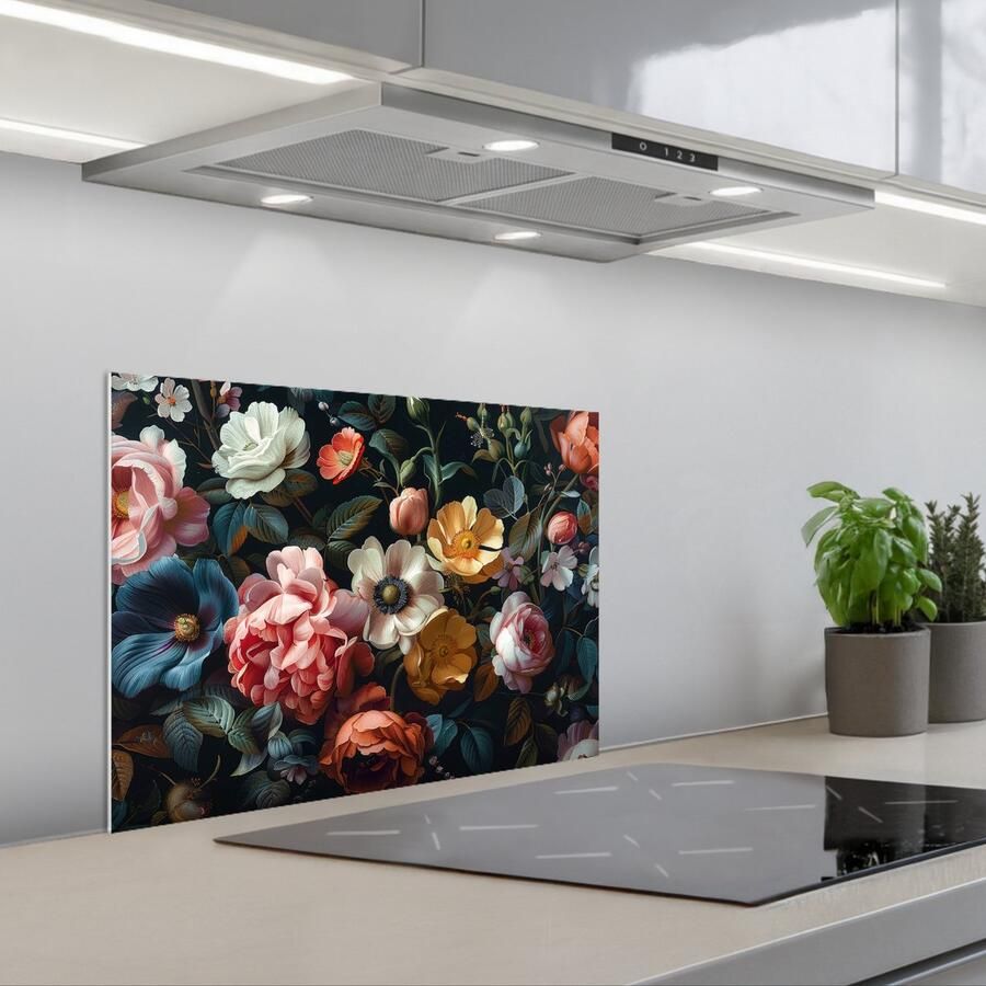 KitchenYeah Spatscherm 60x45 cm Zelfklevende achterwand Vintage Kleurrijk Bloemen Modern Keuken muurbeschermer Spatwand fornuis