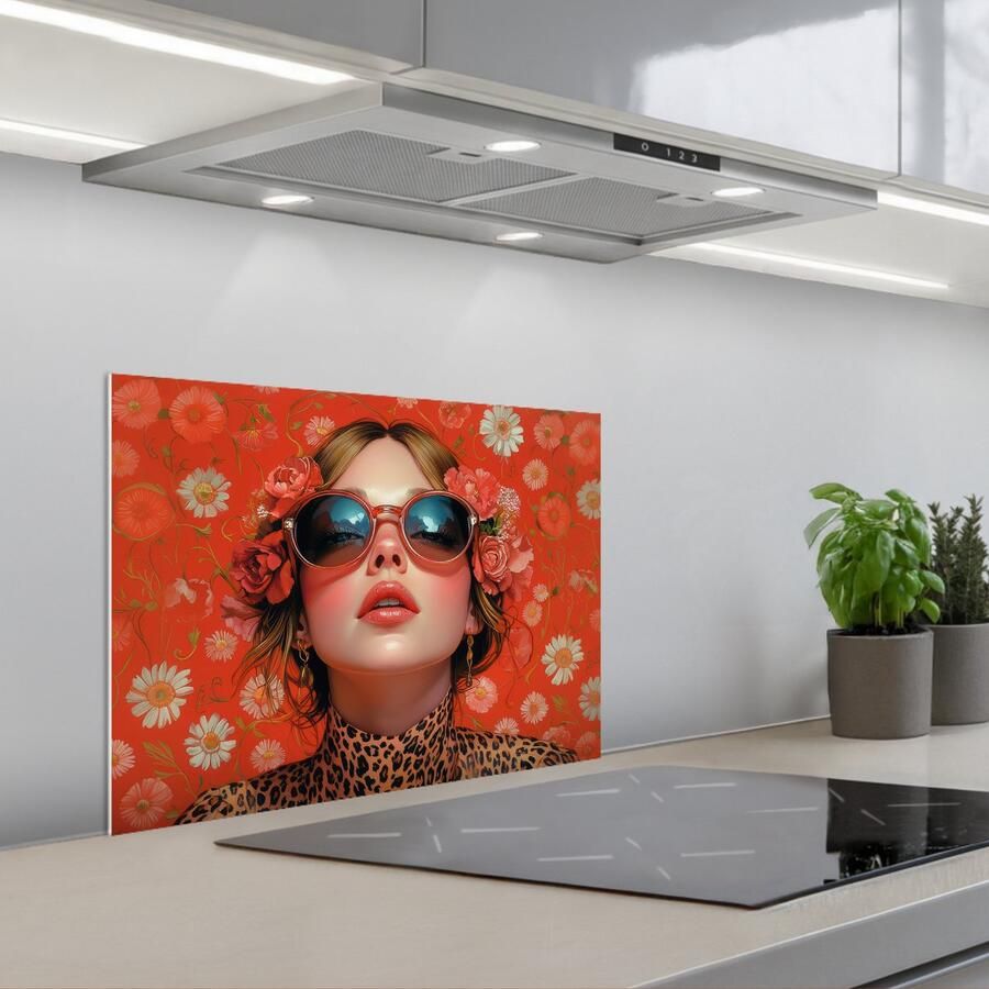 KitchenYeah Spatscherm 60x45 cm Zelfklevende achterwand Vrouw Kleurrijk Dierenprint Bloemen Keuken muurbeschermer Spatwand fornuis