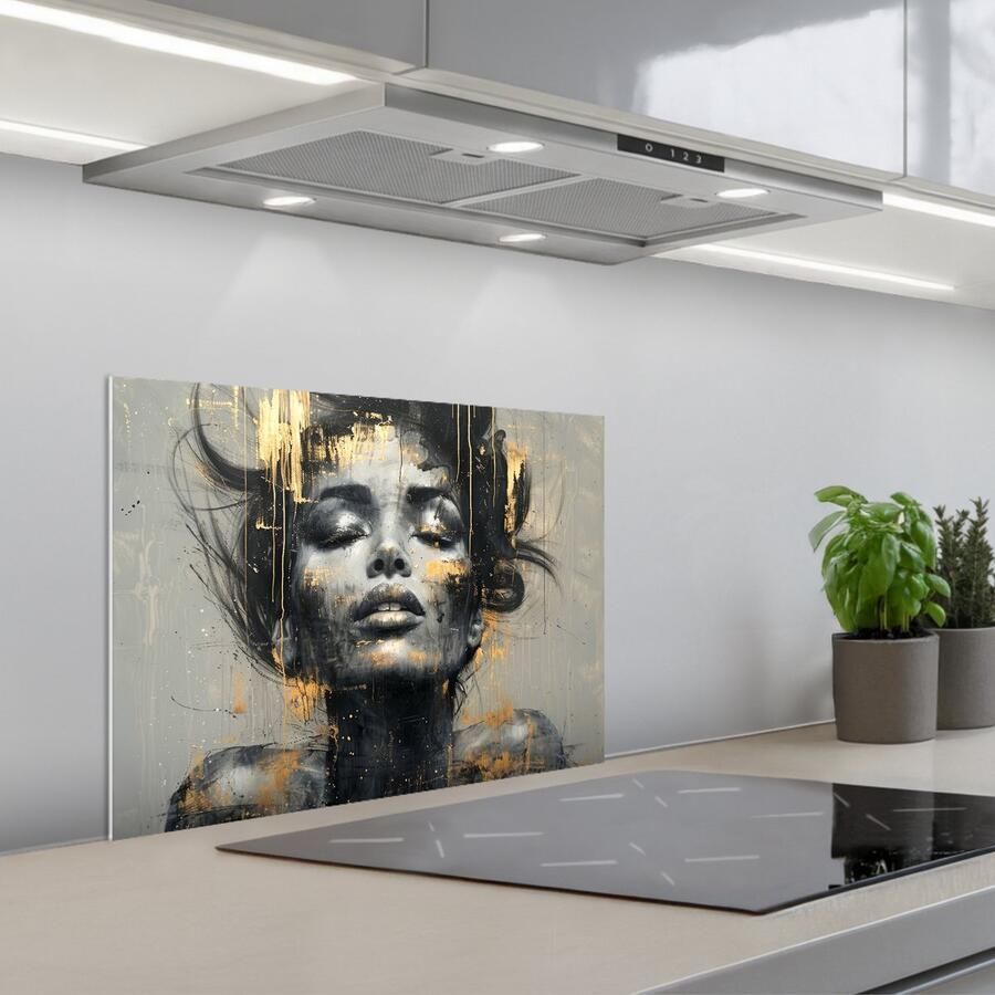 KitchenYeah Spatscherm 60x45 cm Zelfklevende achterwand Vrouw Kunst Goud Abstract Glamour Keuken muurbeschermer Spatwand fornuis
